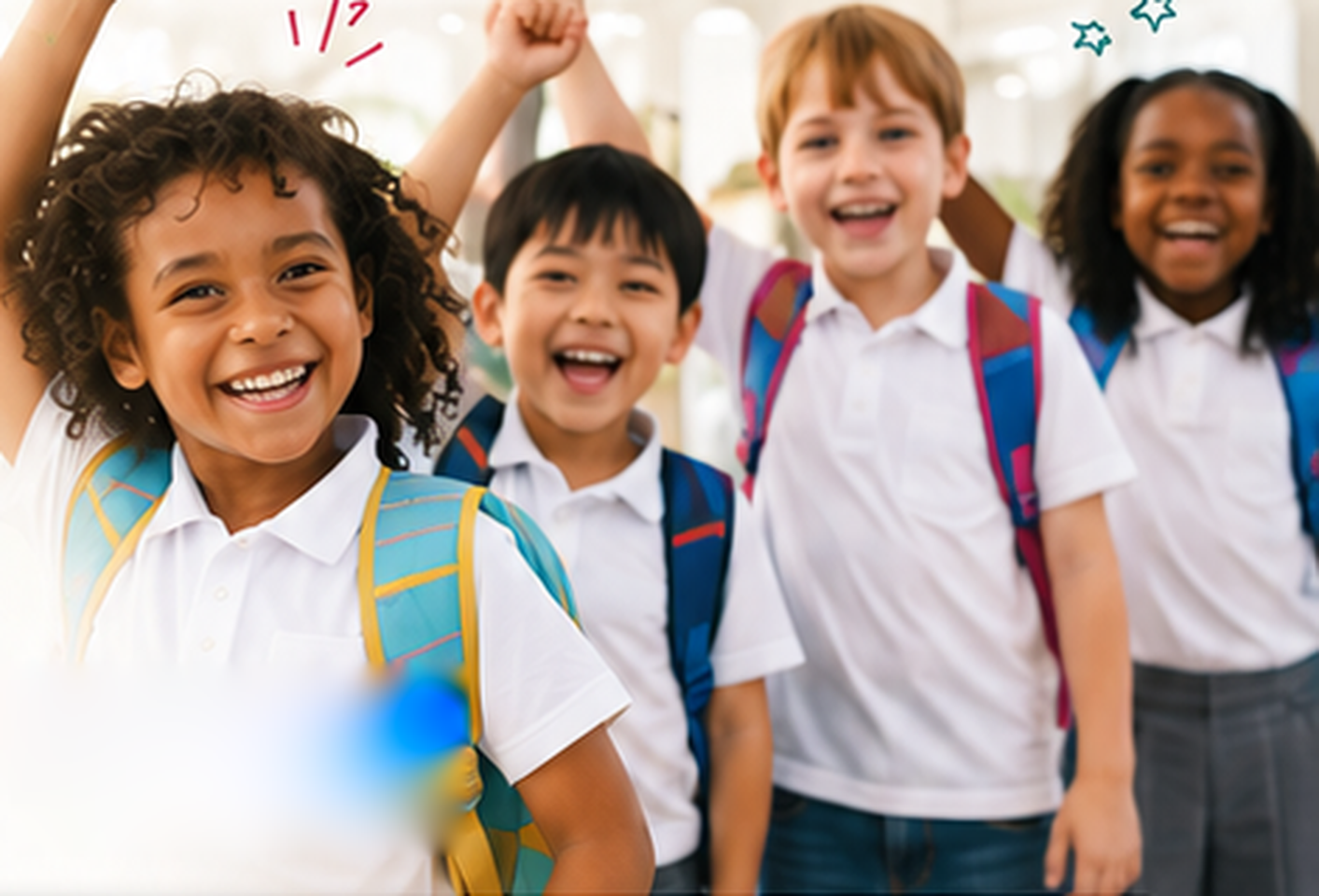 Excited children cheering with backpacks at the Baltimore Literacy Hub
